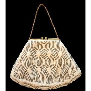 Vintage Jolles Cream Beaded Silver Pearl Rhinestone Gold Evening Handbag Purse